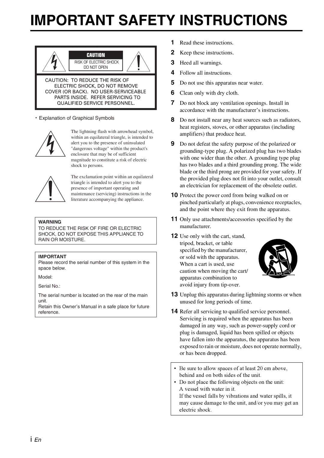 Yamaha YST-RSW300 owner manual Important Safety Instructions 