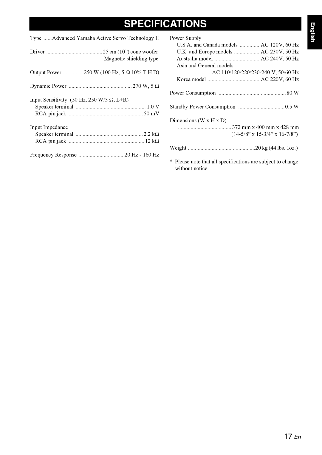 Yamaha YST-RSW300 owner manual Specifications, 17 En 