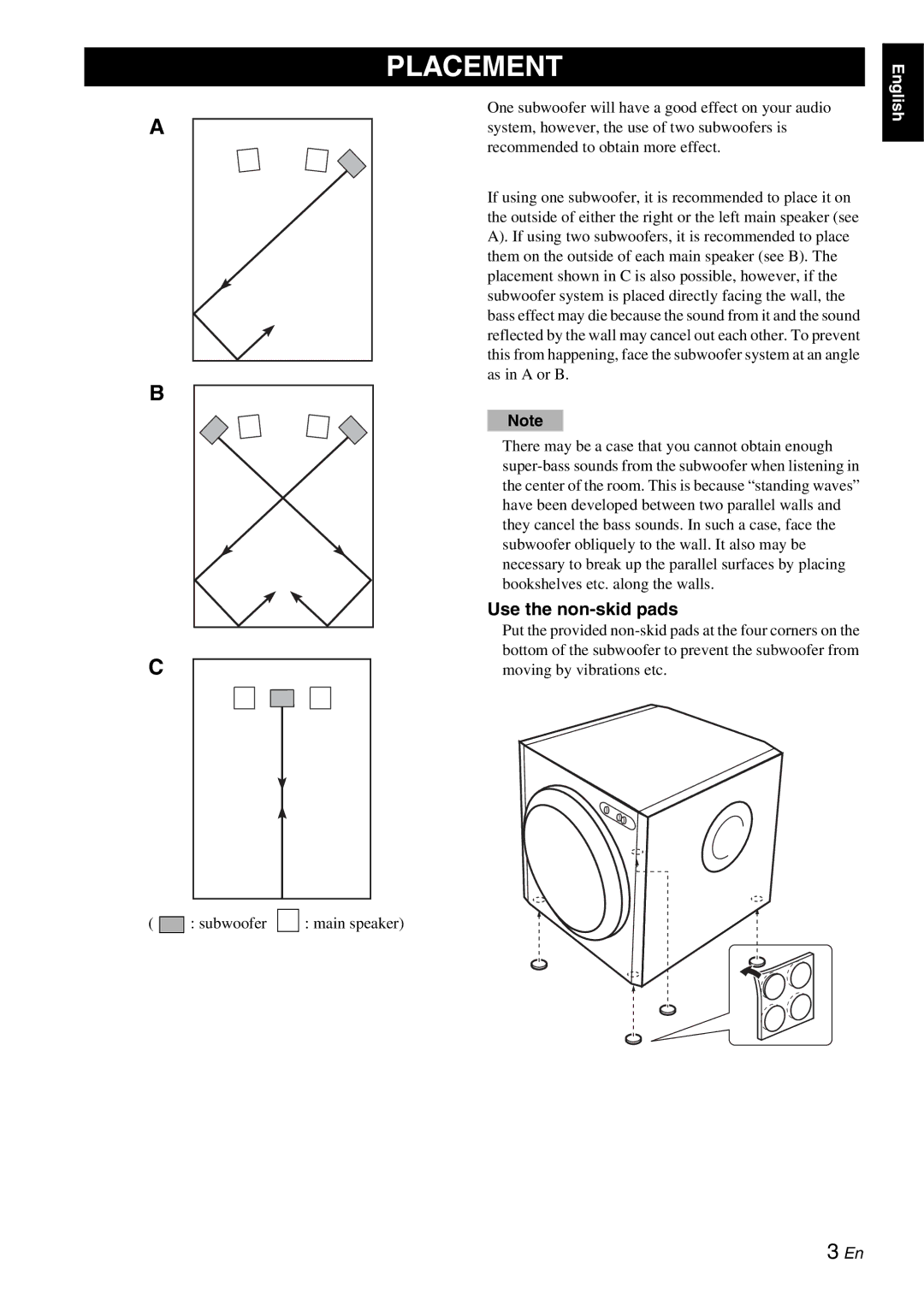 Yamaha YST-RSW300 owner manual Placement, Use the non-skid pads 