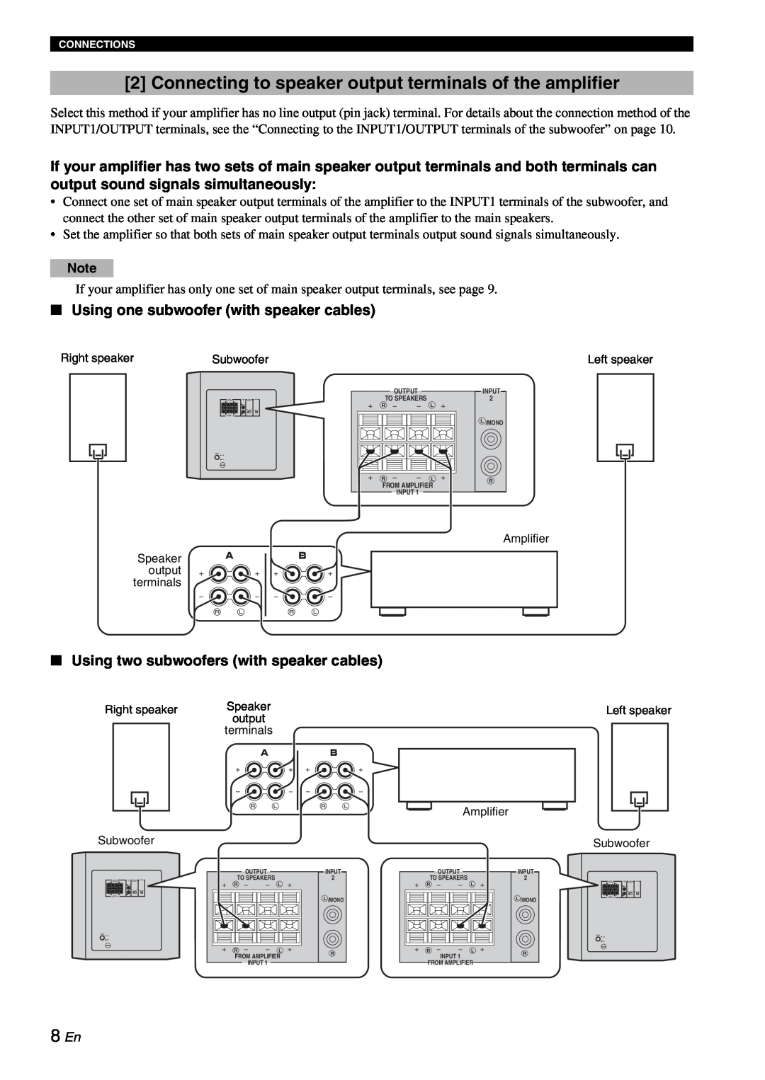 Yamaha YST-RSW300 owner manual Using one subwoofer with speaker cables, Using two subwoofers with speaker cables 