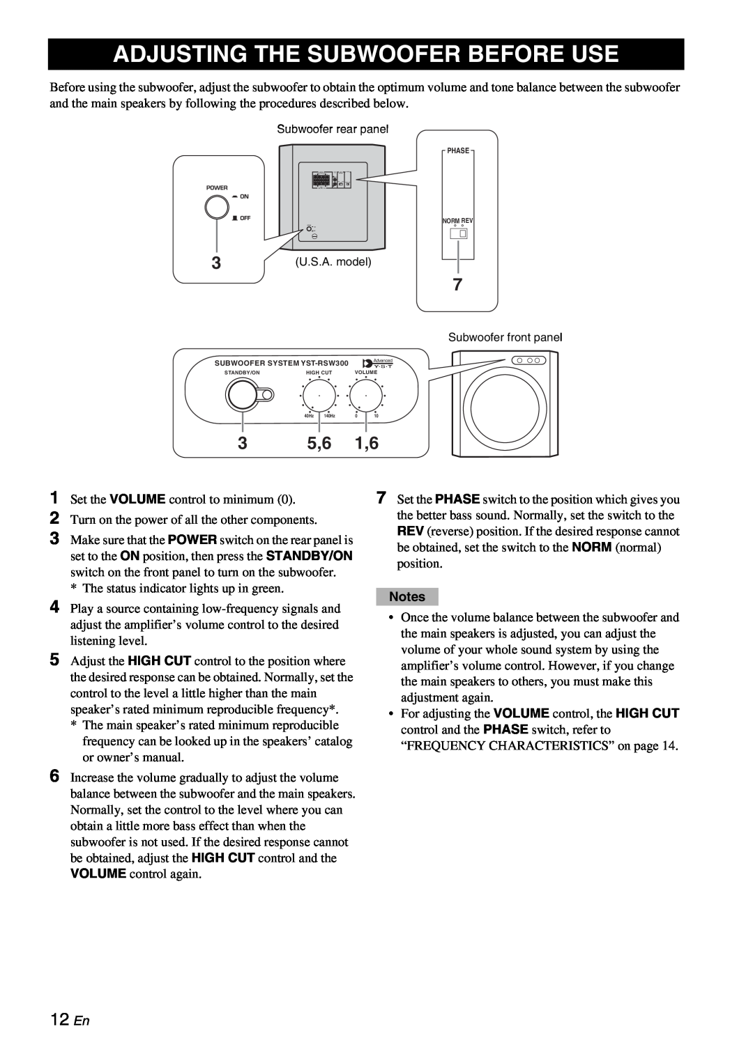 Yamaha YST-RSW300 owner manual Adjusting The Subwoofer Before Use, 3 5,6 1,6, 12En 