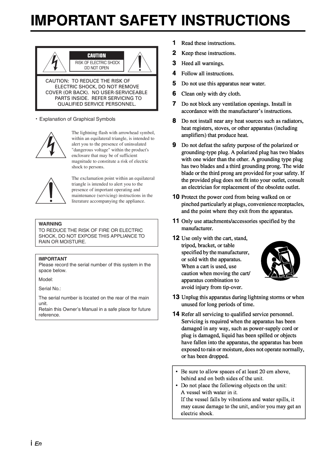 Yamaha YST-RSW300 owner manual Important Safety Instructions 