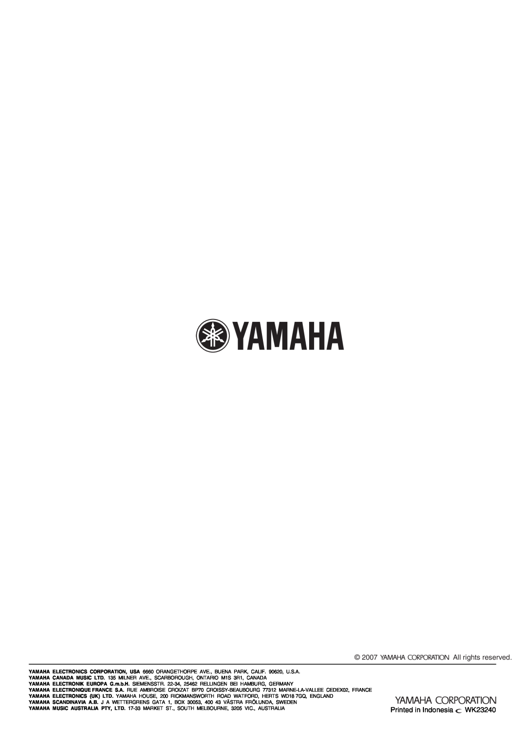 Yamaha YST-RSW300 owner manual 2007, WK23240, All rights reserved 