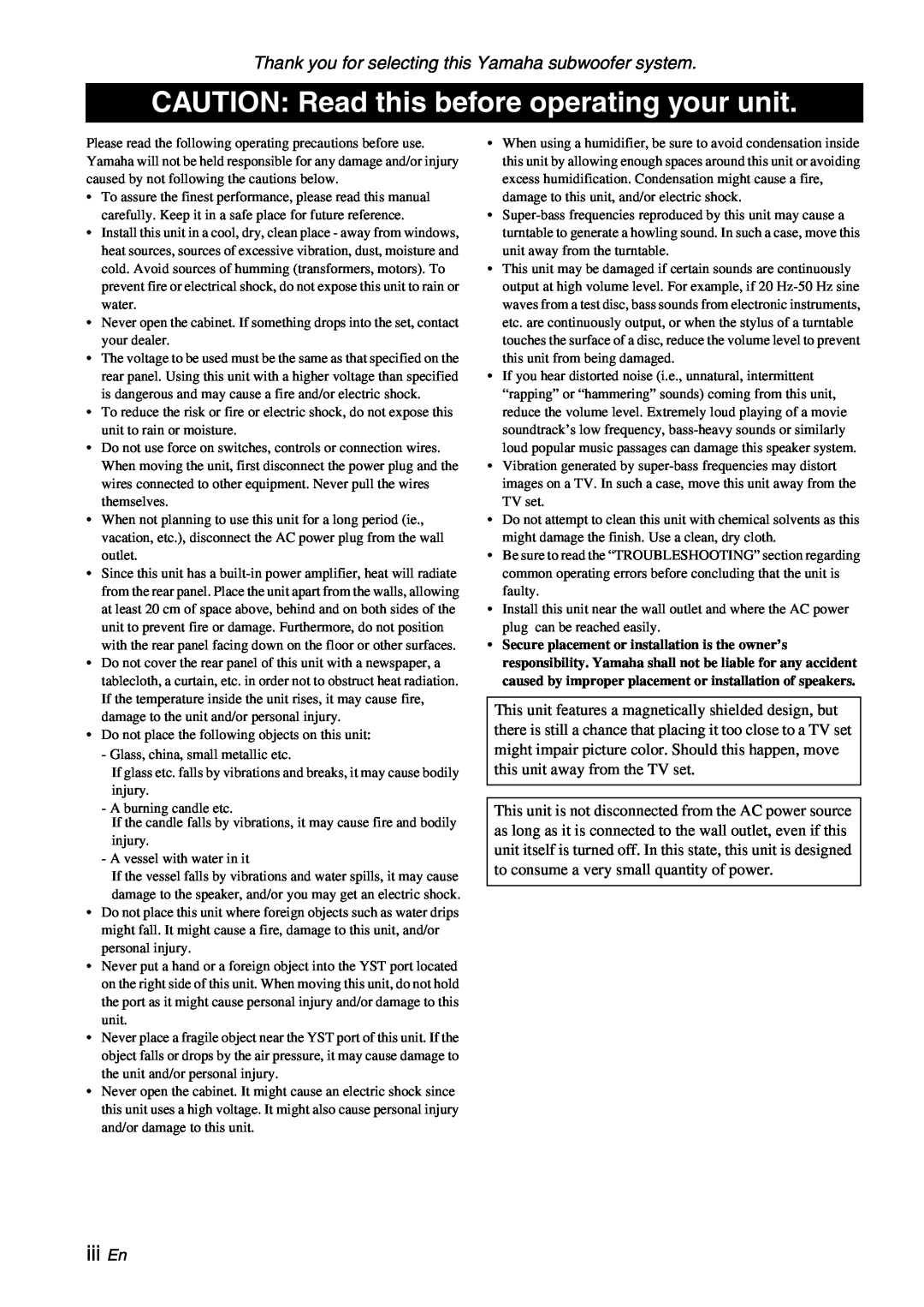 Yamaha YST-RSW300 owner manual CAUTION Read this before operating your unit, iiiEn 