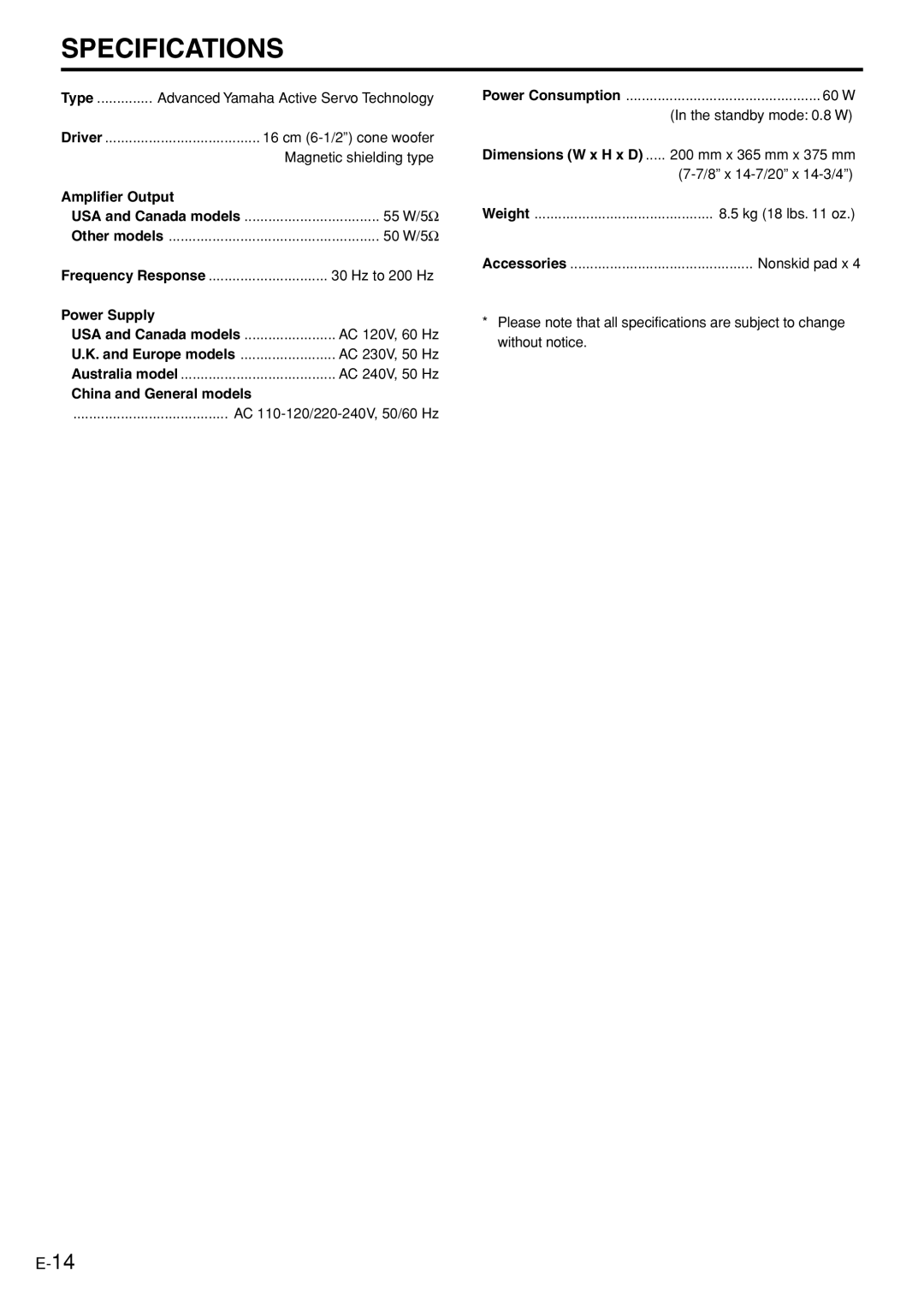 Yamaha YST-SW005 owner manual Specifications, Amplifier Output, Power Supply, China and General models 