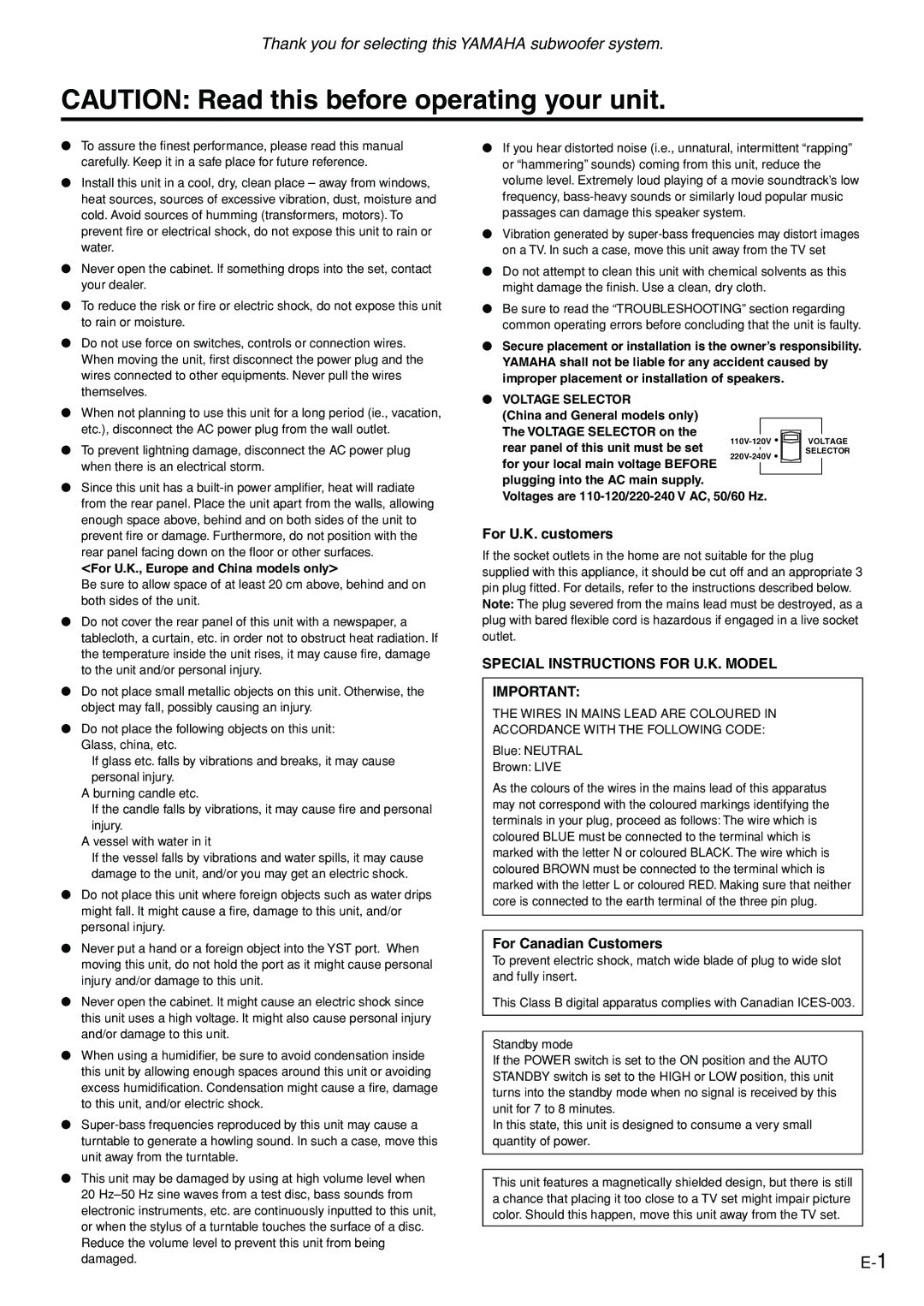 Yamaha YST-SW005 owner manual For U.K. customers, For Canadian Customers 