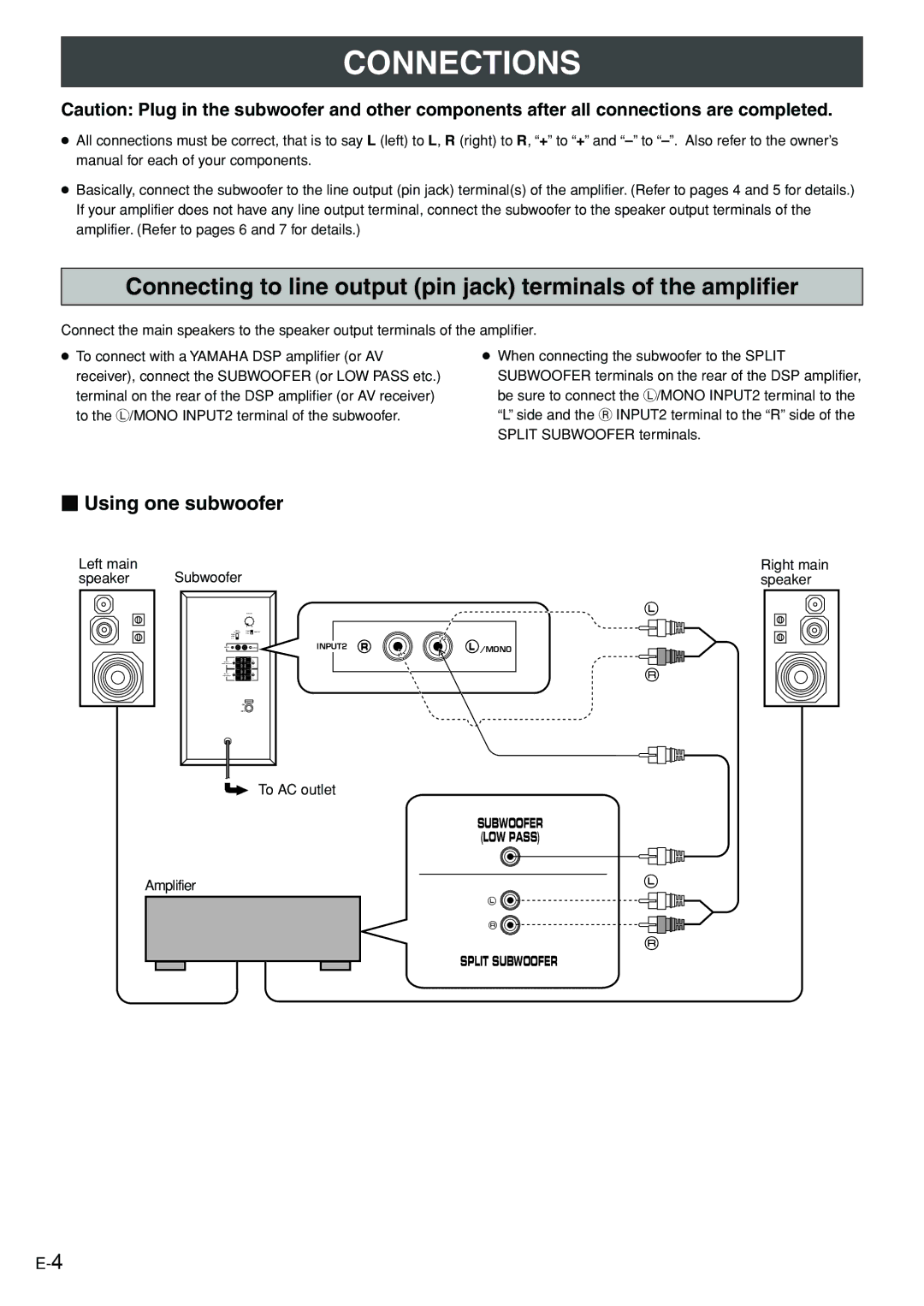 Yamaha YST-SW005 owner manual Connections,  Using one subwoofer 