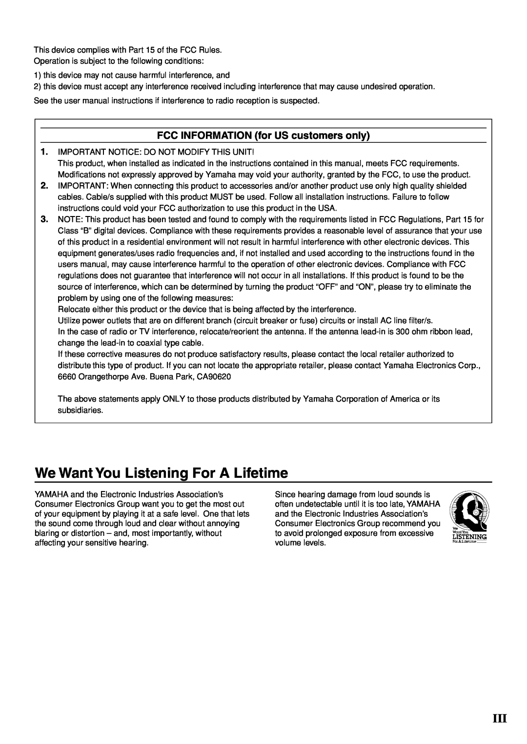 Yamaha YST-SW005 owner manual FCC INFORMATION for US customers only, We Want You Listening For A Lifetime 