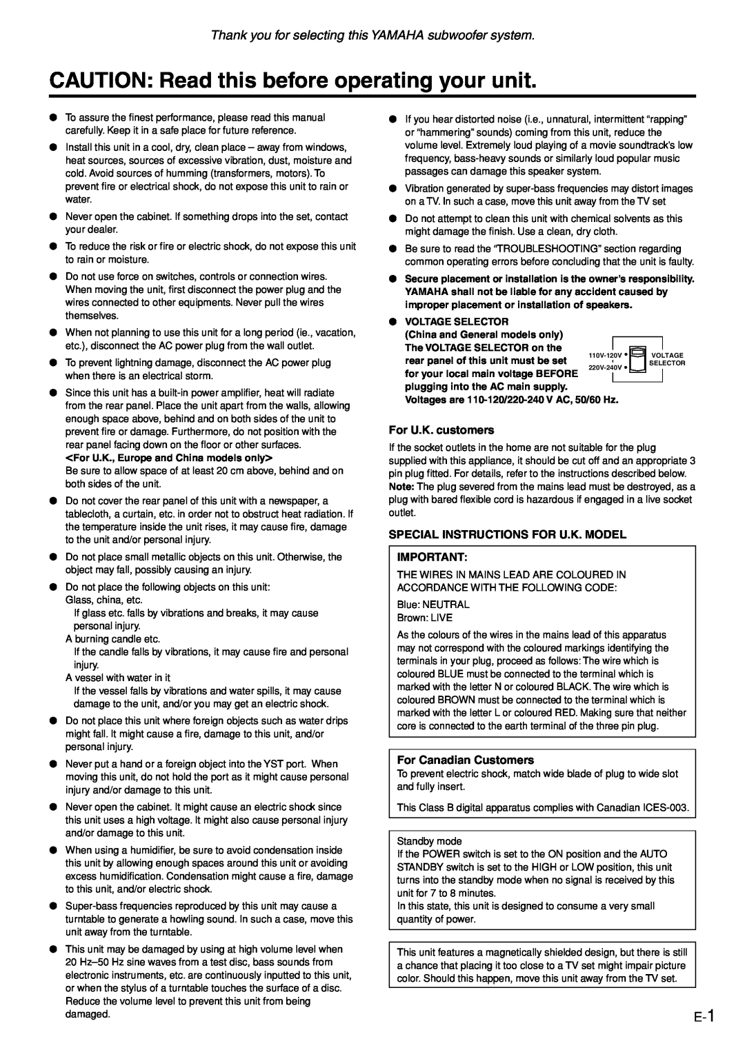 Yamaha YST-SW005 CAUTION Read this before operating your unit, For U.K. customers, Special Instructions For U.K. Model 