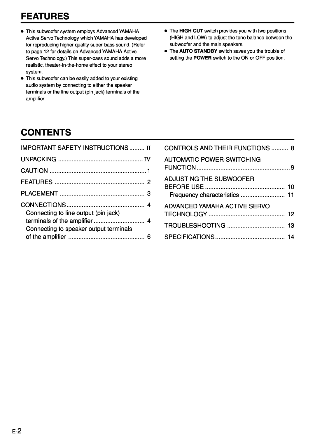 Yamaha YST-SW005 owner manual Features, Contents 