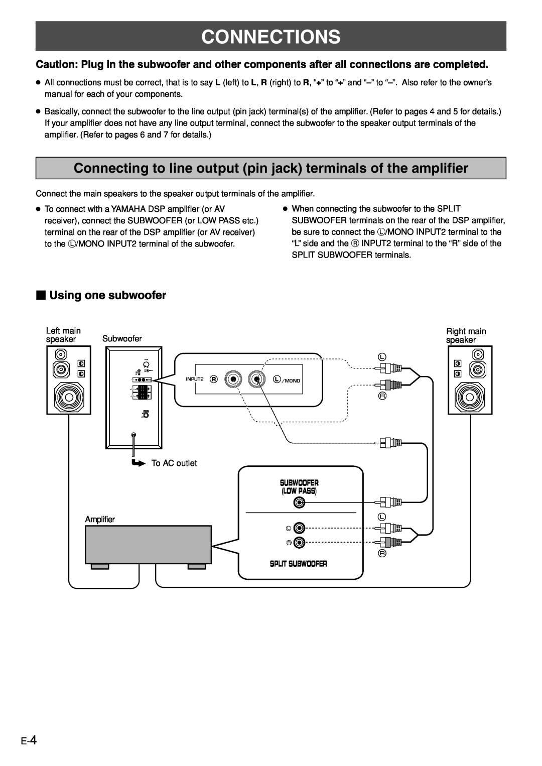 Yamaha YST-SW005 owner manual Connections, Using one subwoofer 