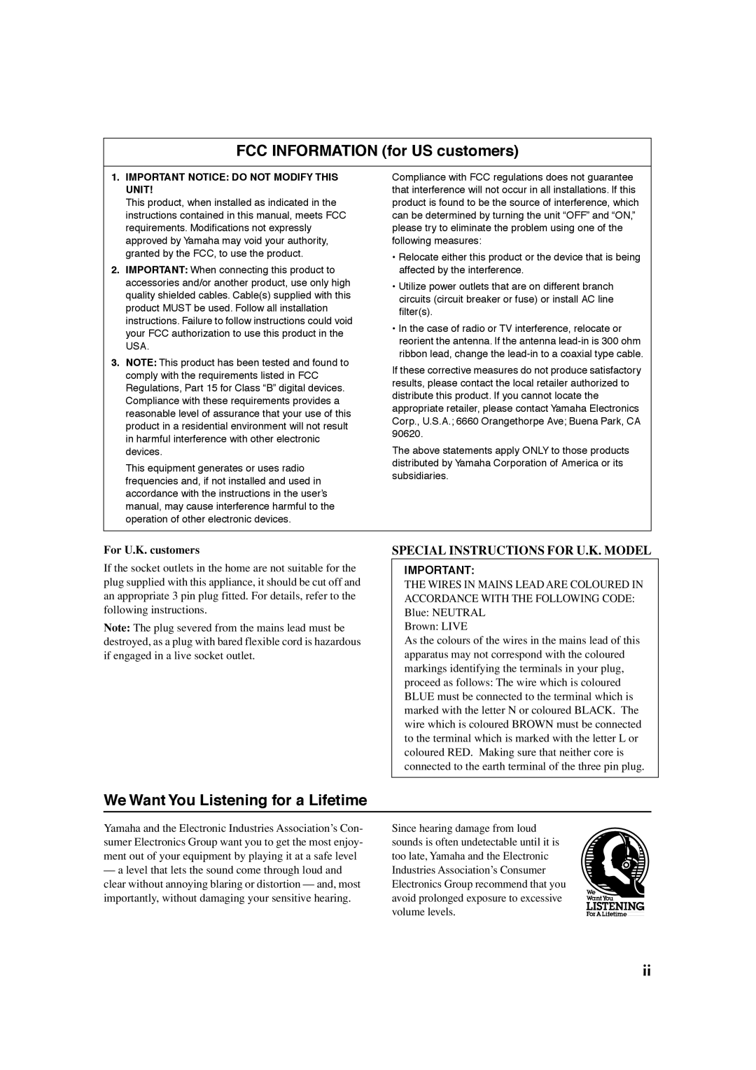 Yamaha YST-SW011 owner manual FCC Information for US customers 