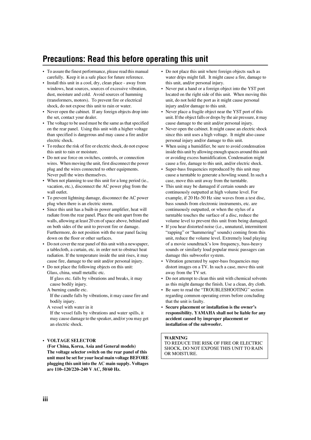 Yamaha YST-SW011 owner manual Precautions Read this before operating this unit 