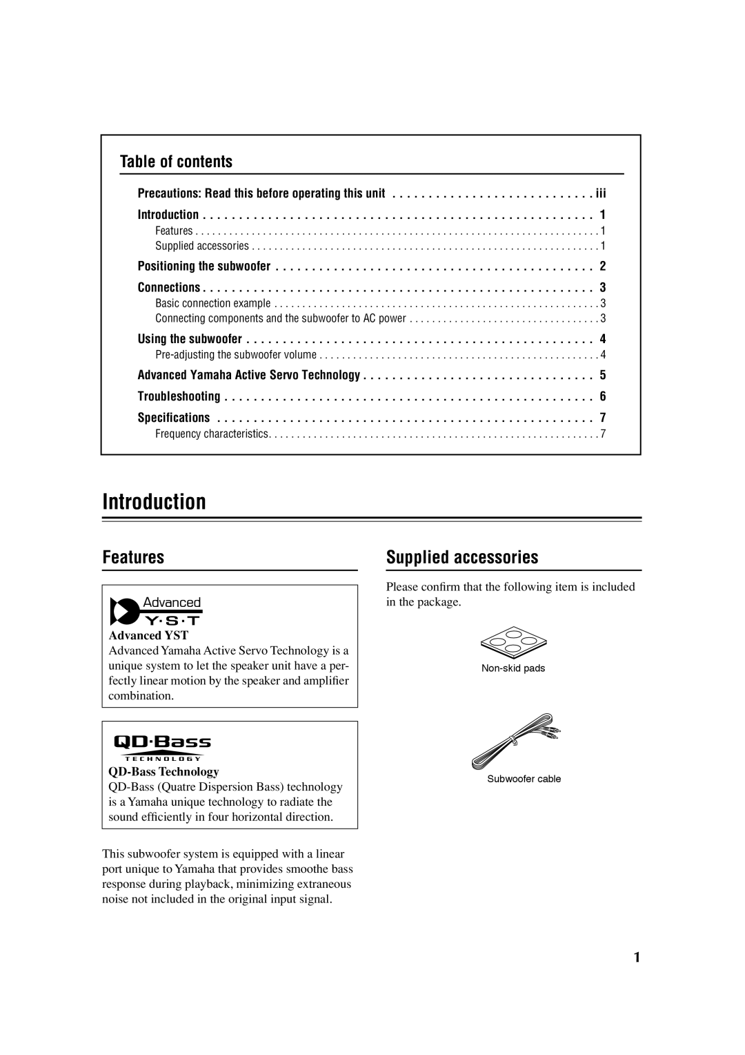 Yamaha YST-SW011 owner manual Introduction, Features, Supplied accessories 