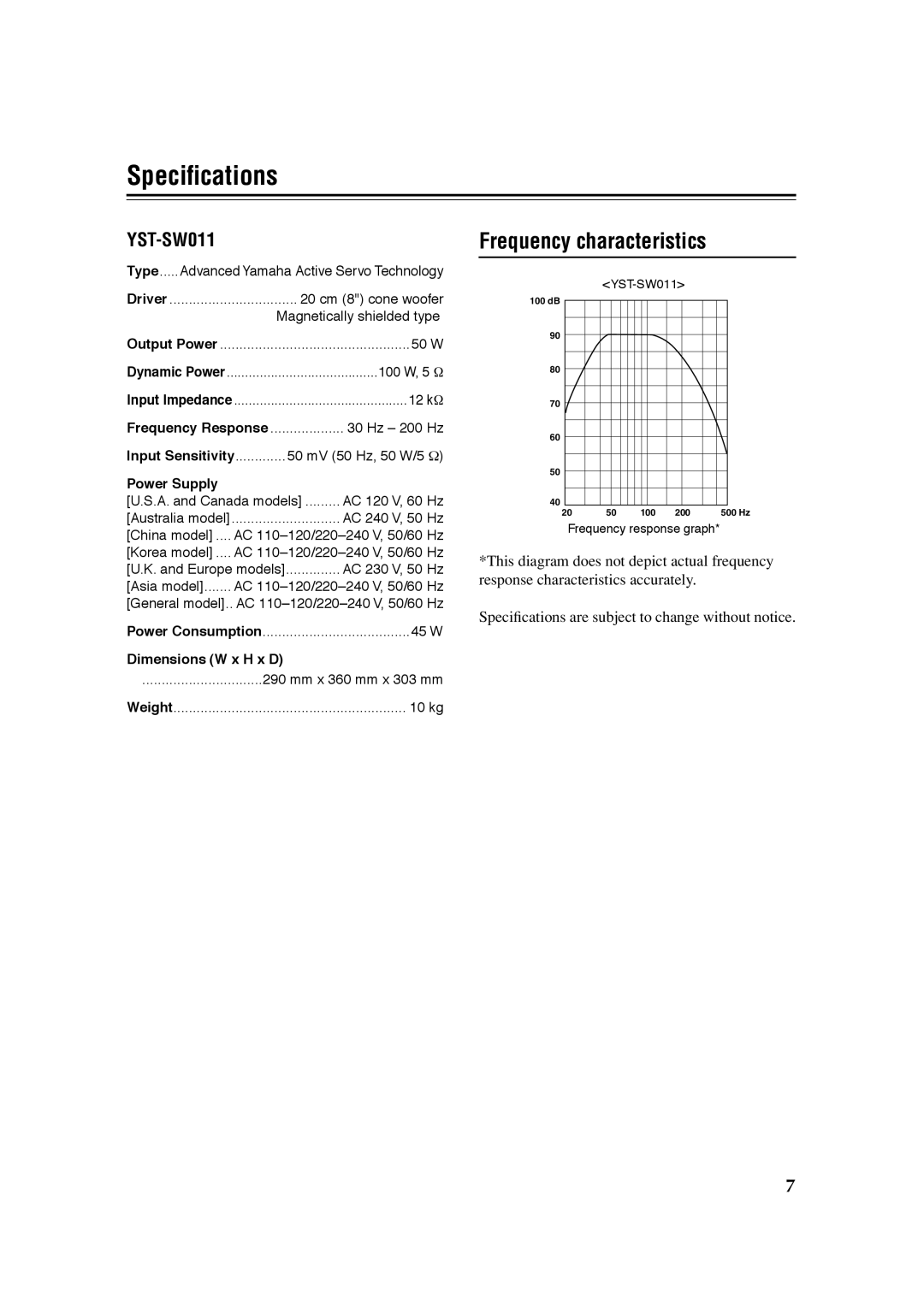 Yamaha YST-SW011 owner manual Speciﬁcations, Frequency characteristics 