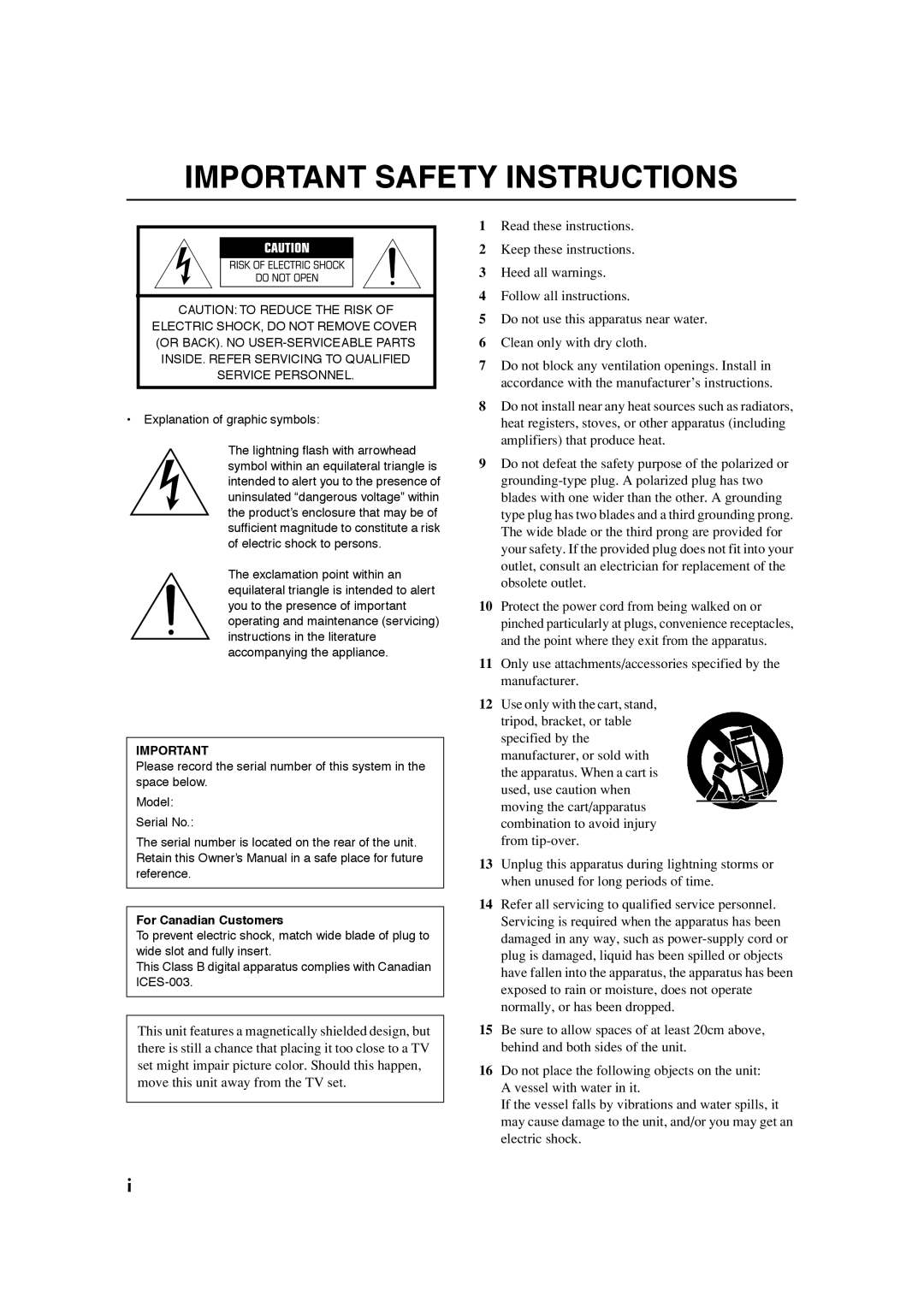Yamaha YST-SW011 owner manual Important Safety Instructions 