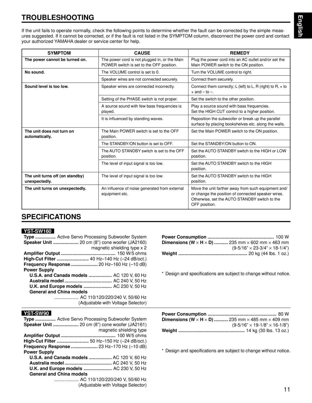 Yamaha YST-SW160/90 owner manual Troubleshooting, Specifications 