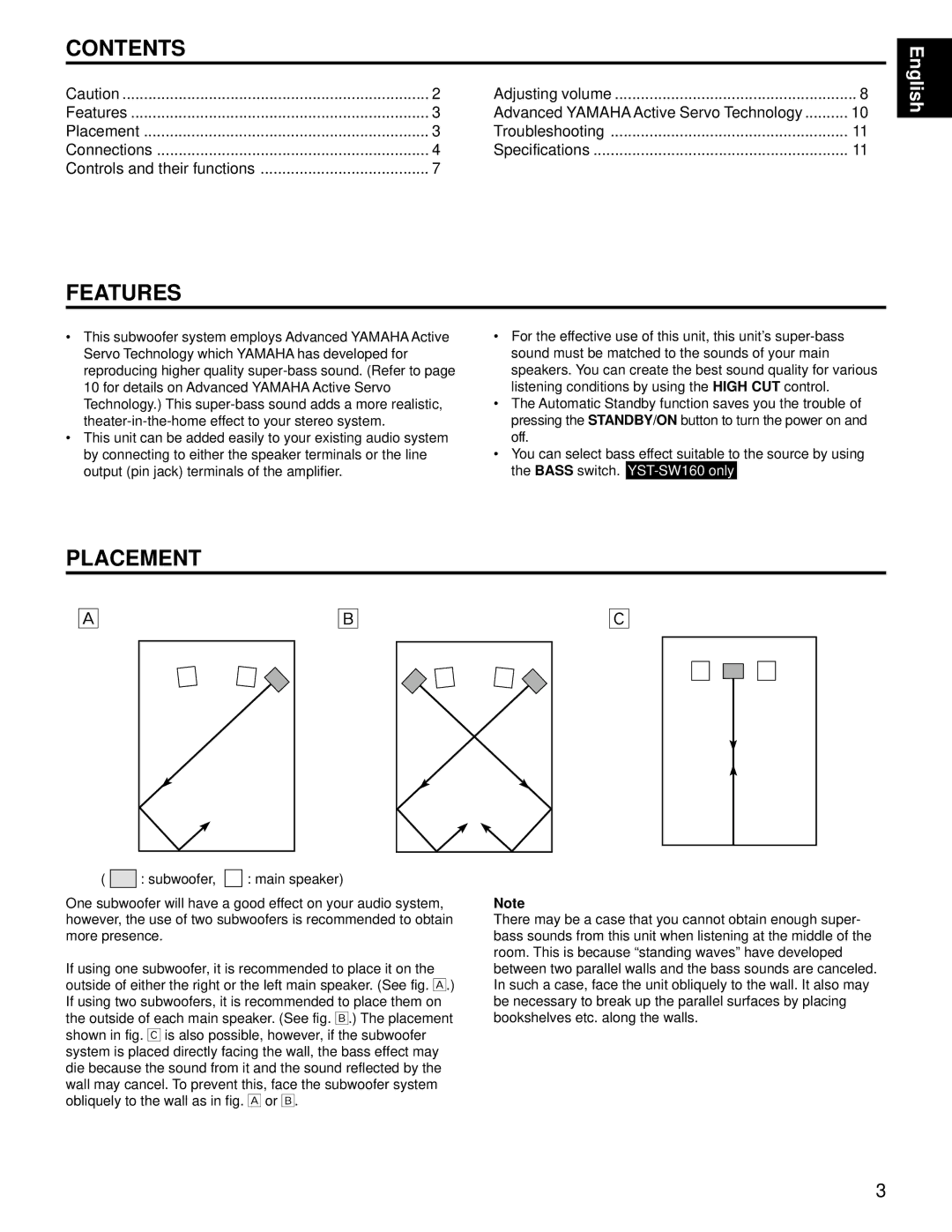 Yamaha YST-SW160/90 owner manual Contents, Features, Placement 