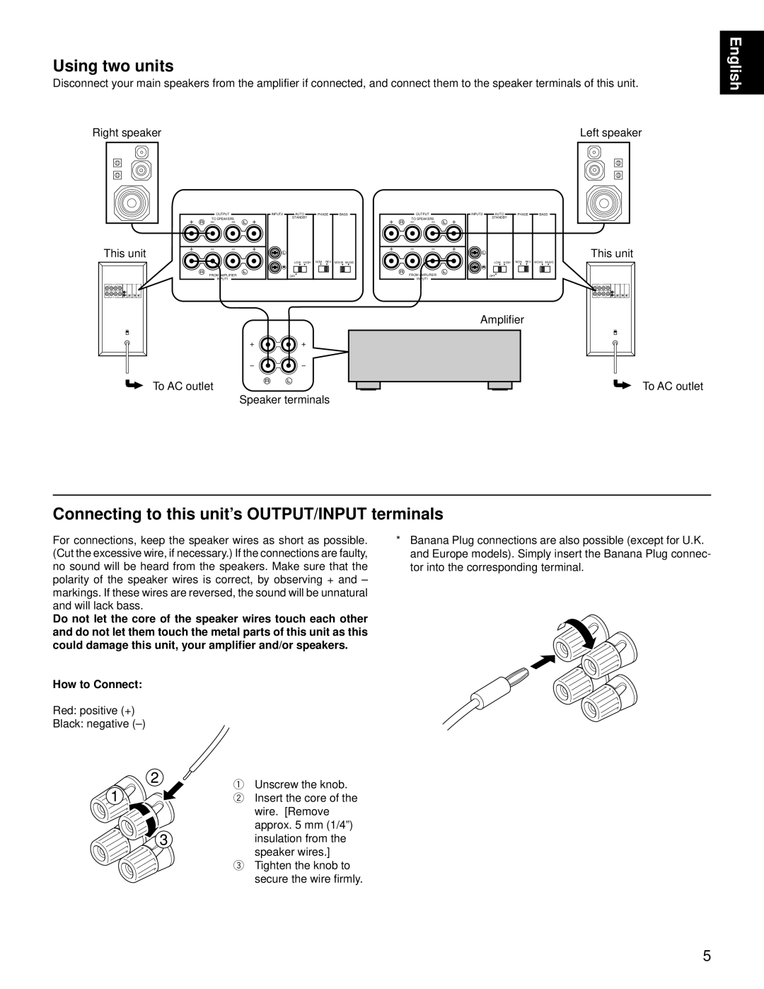 Yamaha YST-SW160/90 Using two units, Connecting to this unit’s OUTPUT/INPUT terminals, To AC outlet Speaker terminals 