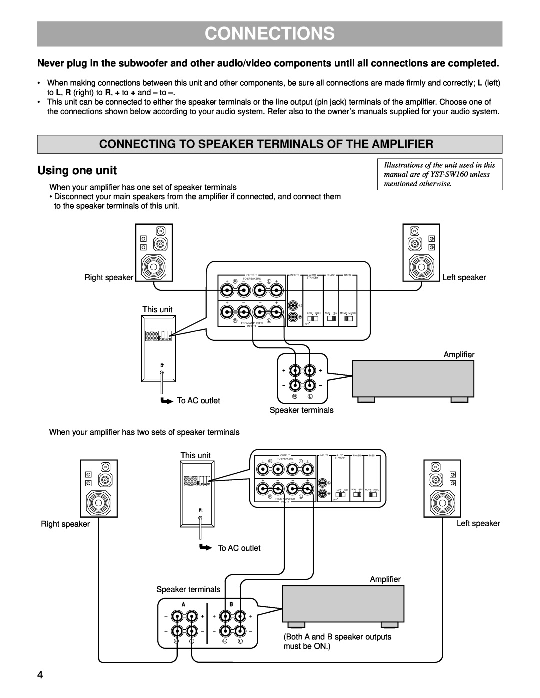 Yamaha YST-SW160/90 owner manual Connections, Connecting To Speaker Terminals Of The Amplifier, Using one unit 