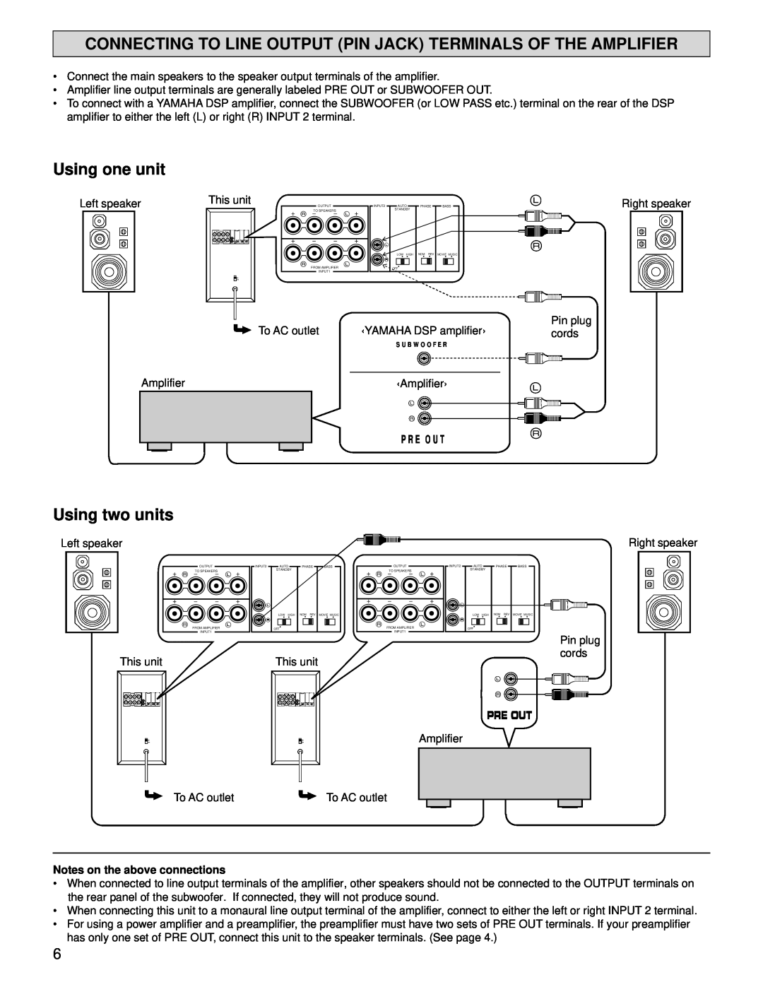 Yamaha YST-SW160/90 owner manual Using one unit, Using two units, Pre Out, Notes on the above connections 