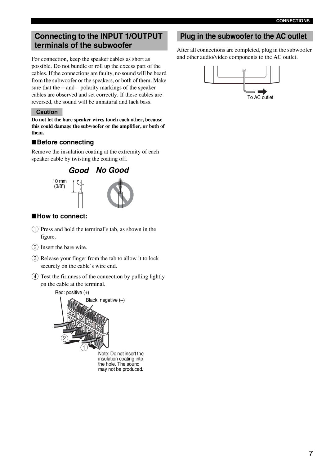 Yamaha YSTSW216BL Plug in the subwoofer to the AC outlet, Connecting to the Input 1/OUTPUT terminals of the subwoofer 