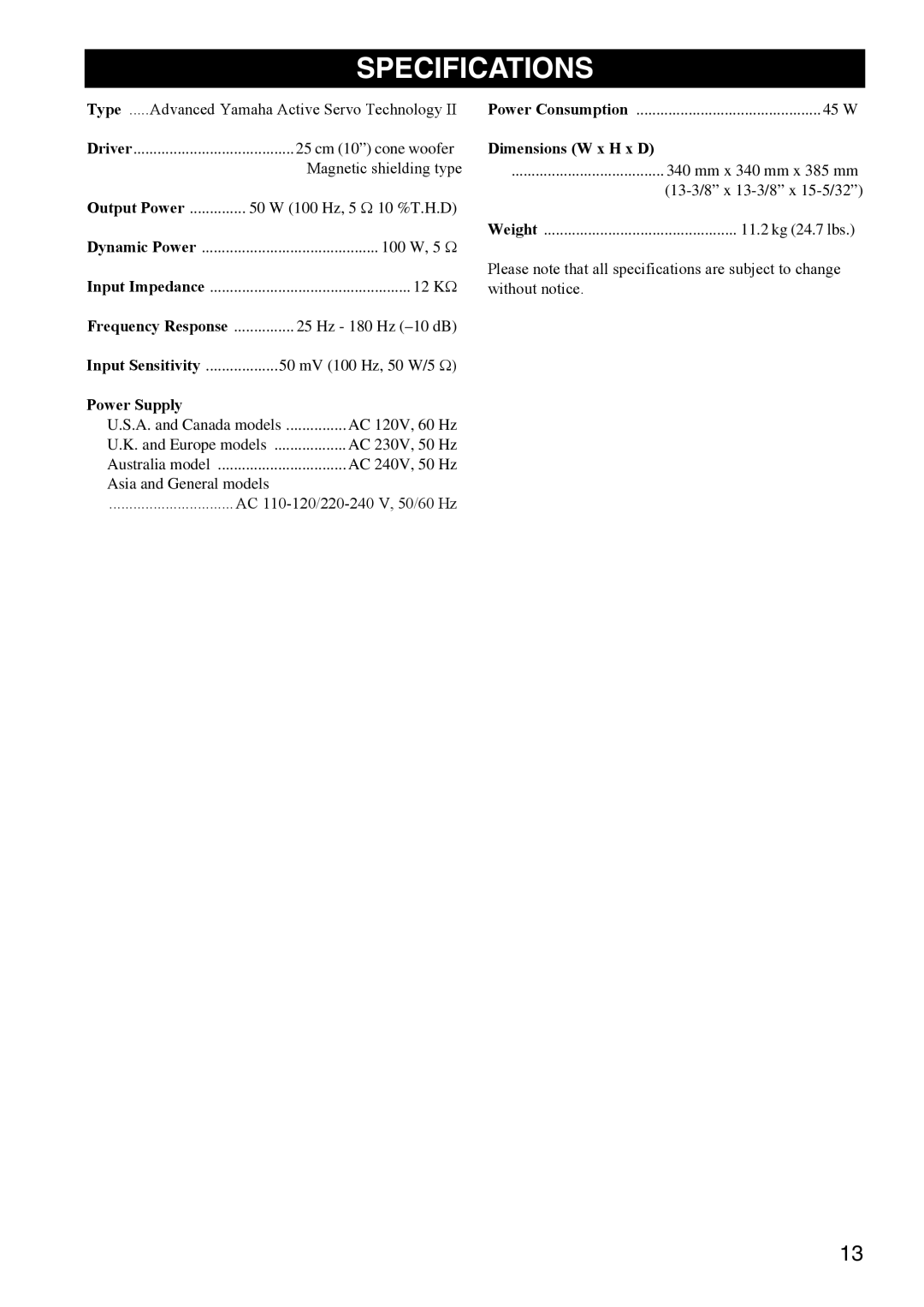 Yamaha YSTSW216BL owner manual Specifications, Type 