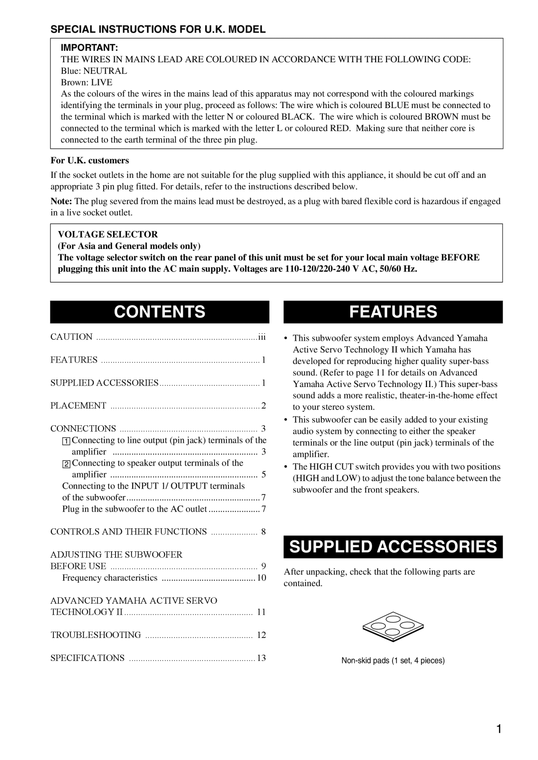 Yamaha YSTSW216BL owner manual Contents Features, Supplied Accessories 