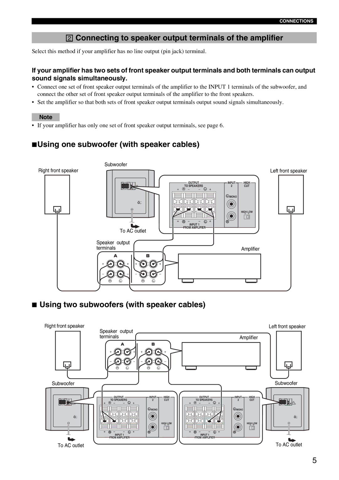 Yamaha YSTSW216BL Connecting to speaker output terminals of the amplifier, Using one subwoofer with speaker cables 