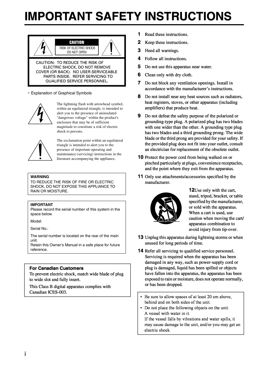 Yamaha YSTSW216BL owner manual Important Safety Instructions, For Canadian Customers 