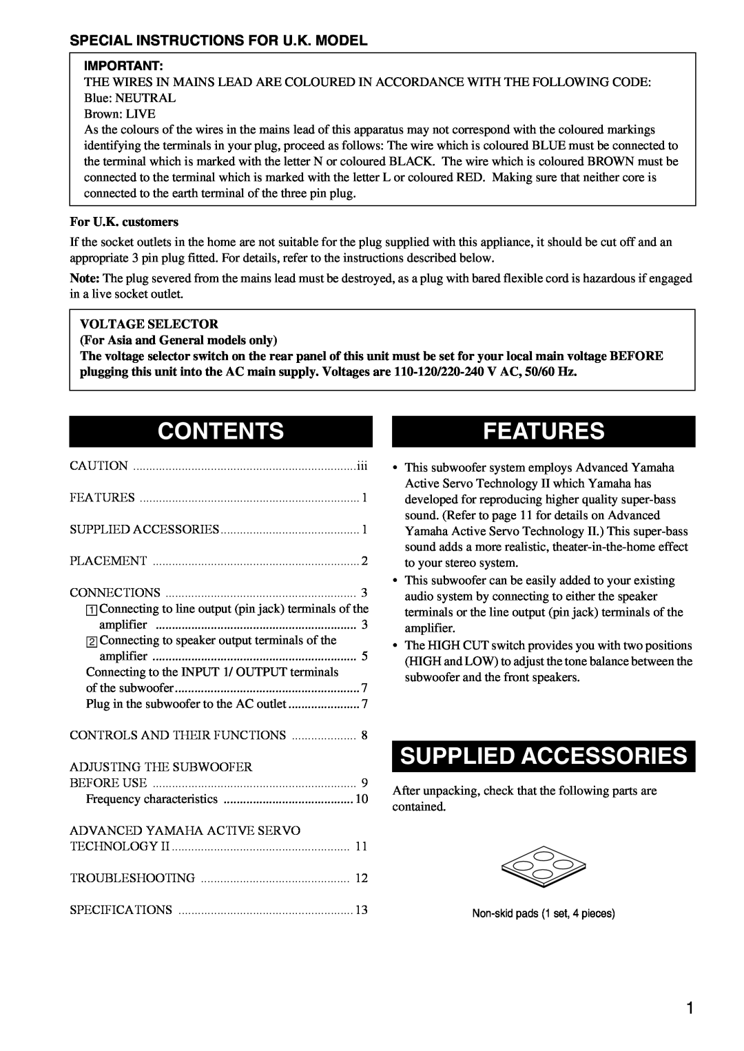 Yamaha YSTSW216BL owner manual Contents, Features, Supplied Accessories, For U.K. customers 