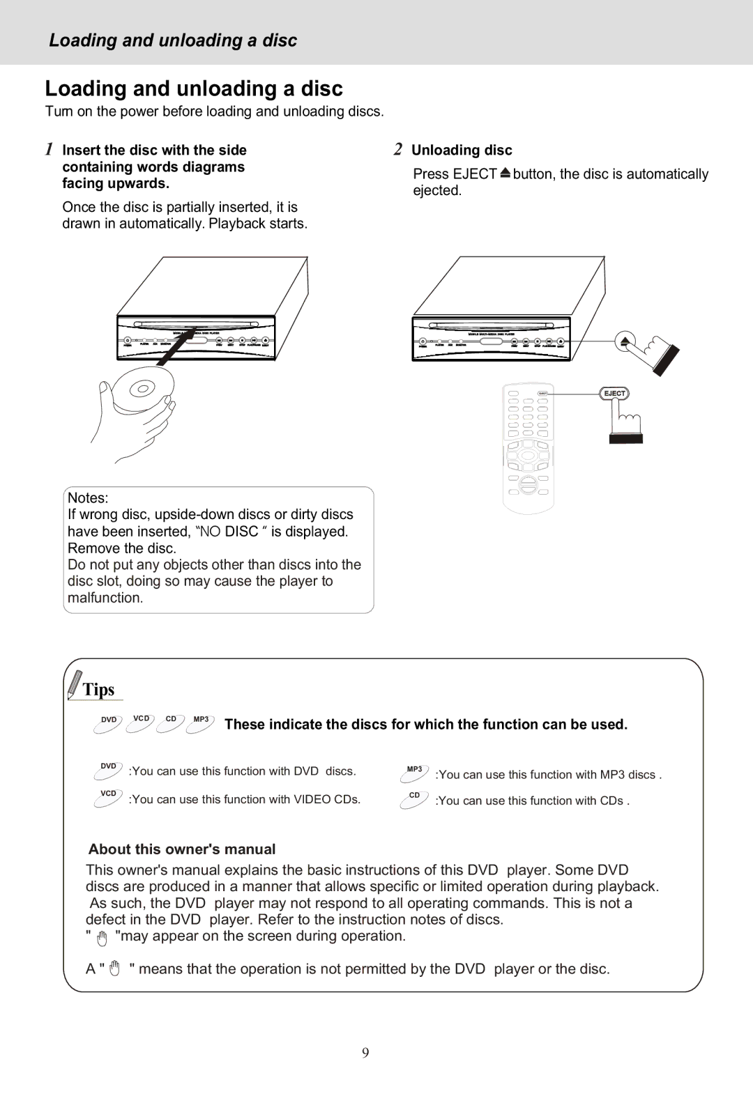 Yamakawa DVD-MP12i manual Loading and unloading a disc 