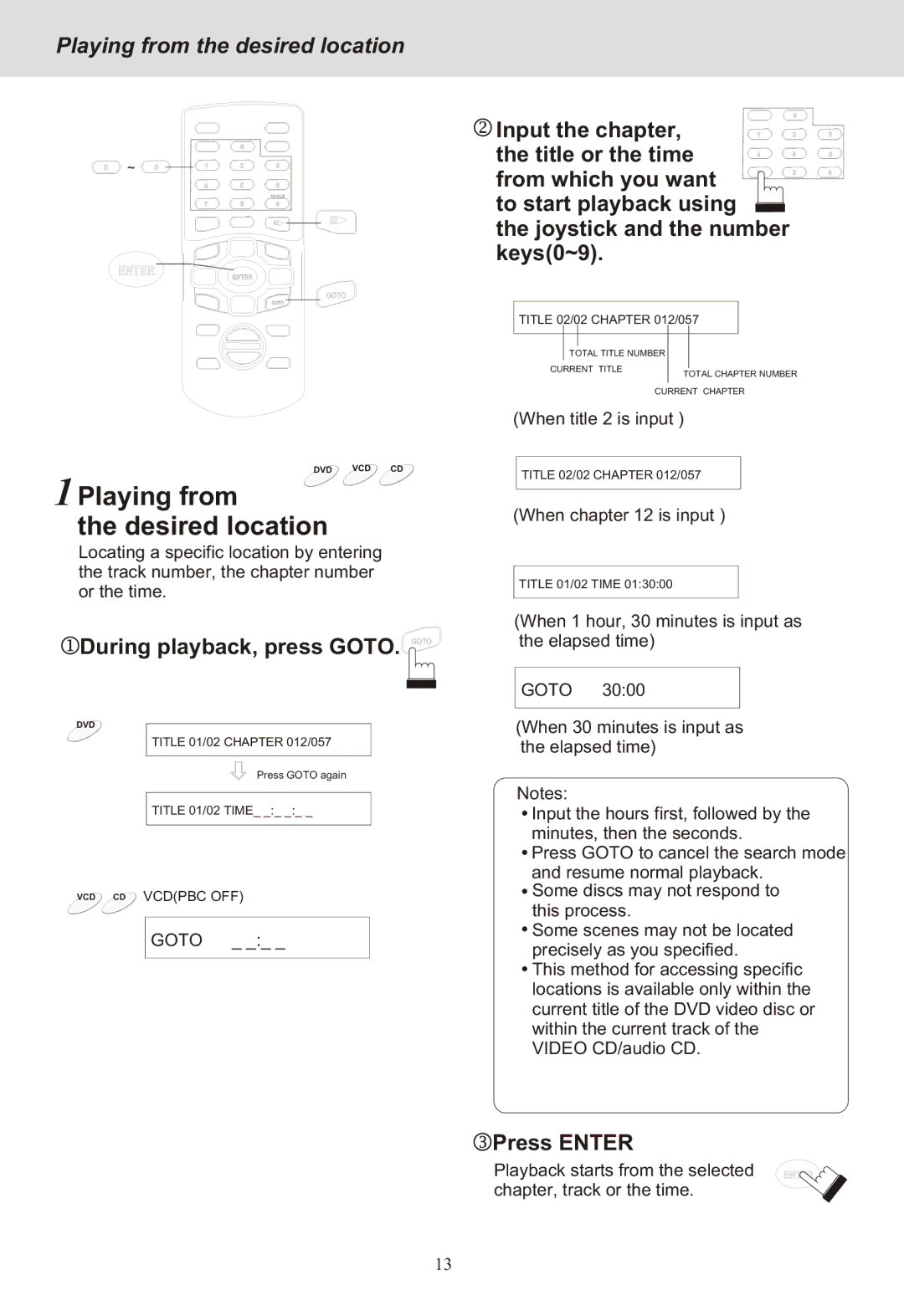 Yamakawa DVD-MP12i manual Playing from Desired location, Playing from the desired location, During playback, press Goto 