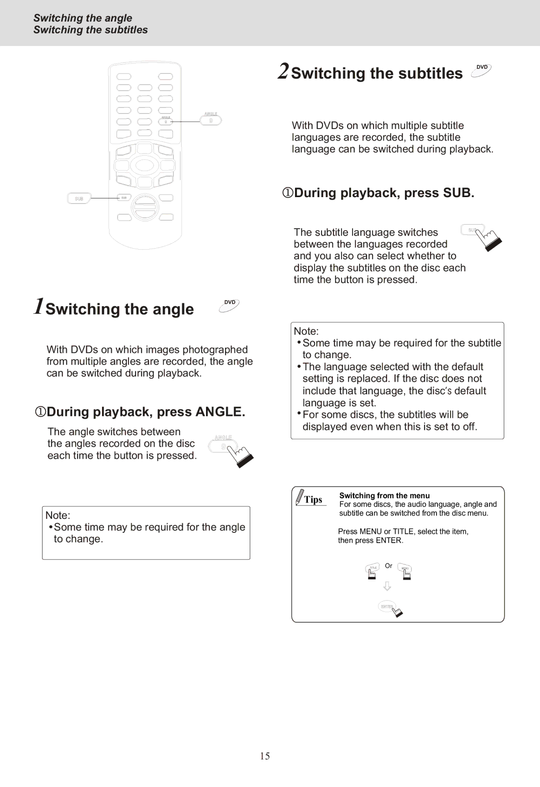 Yamakawa DVD-MP12i manual 1Switching the angle, 2Switching the subtitles, During playback, press Angle 