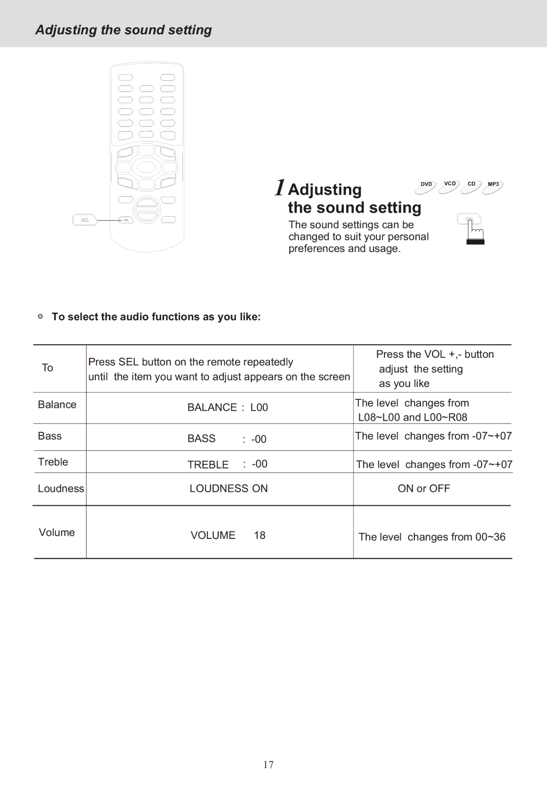 Yamakawa DVD-MP12i manual Sound setting, Adjusting the sound setting, To select the audio functions as you like 