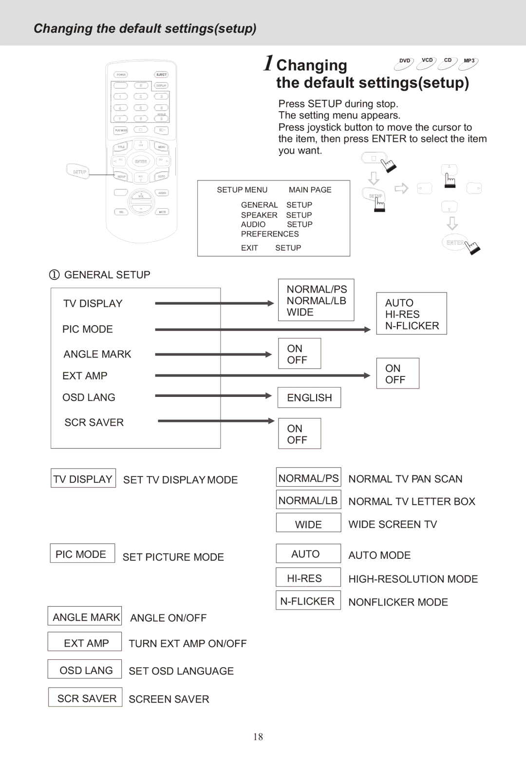 Yamakawa DVD-MP12i manual Default settingssetup, Changing the default settingssetup 