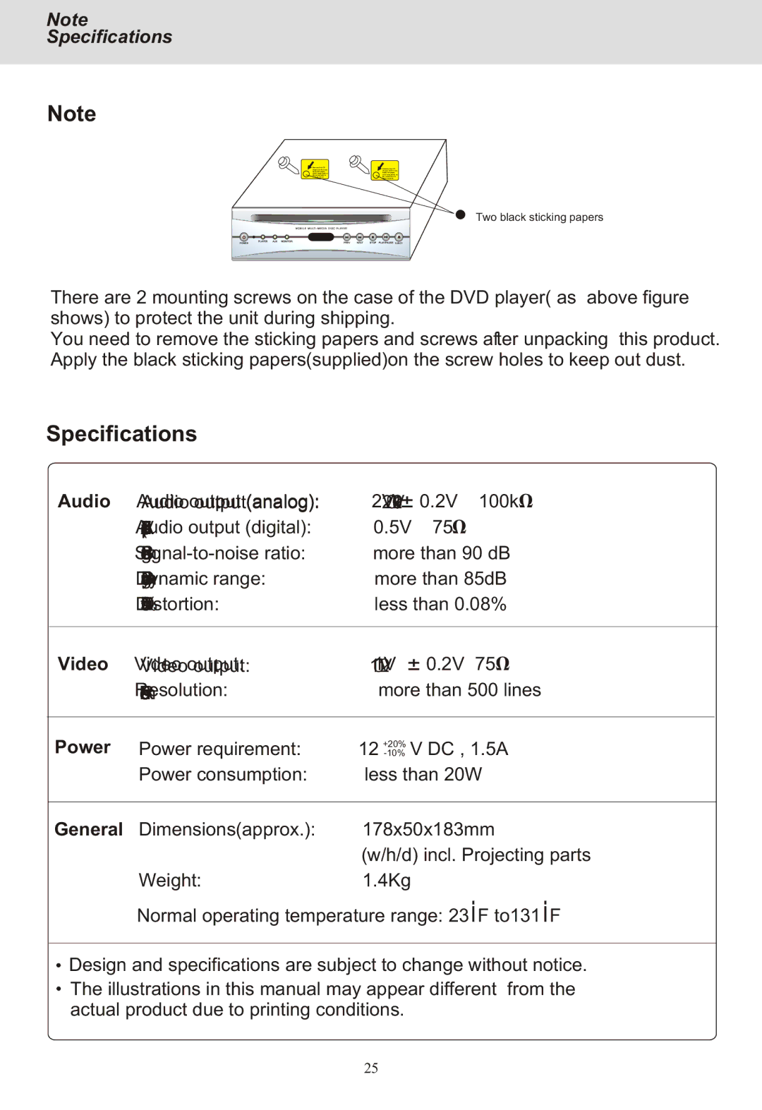 Yamakawa DVD-MP12i manual Specifications, Audio, Video, General 