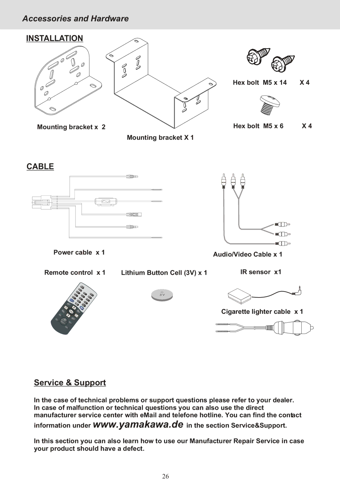 Yamakawa DVD-MP12i manual Accessories and Hardware, Hex bolt M5 x 14 X Mounting bracket x Mounting bracket X 