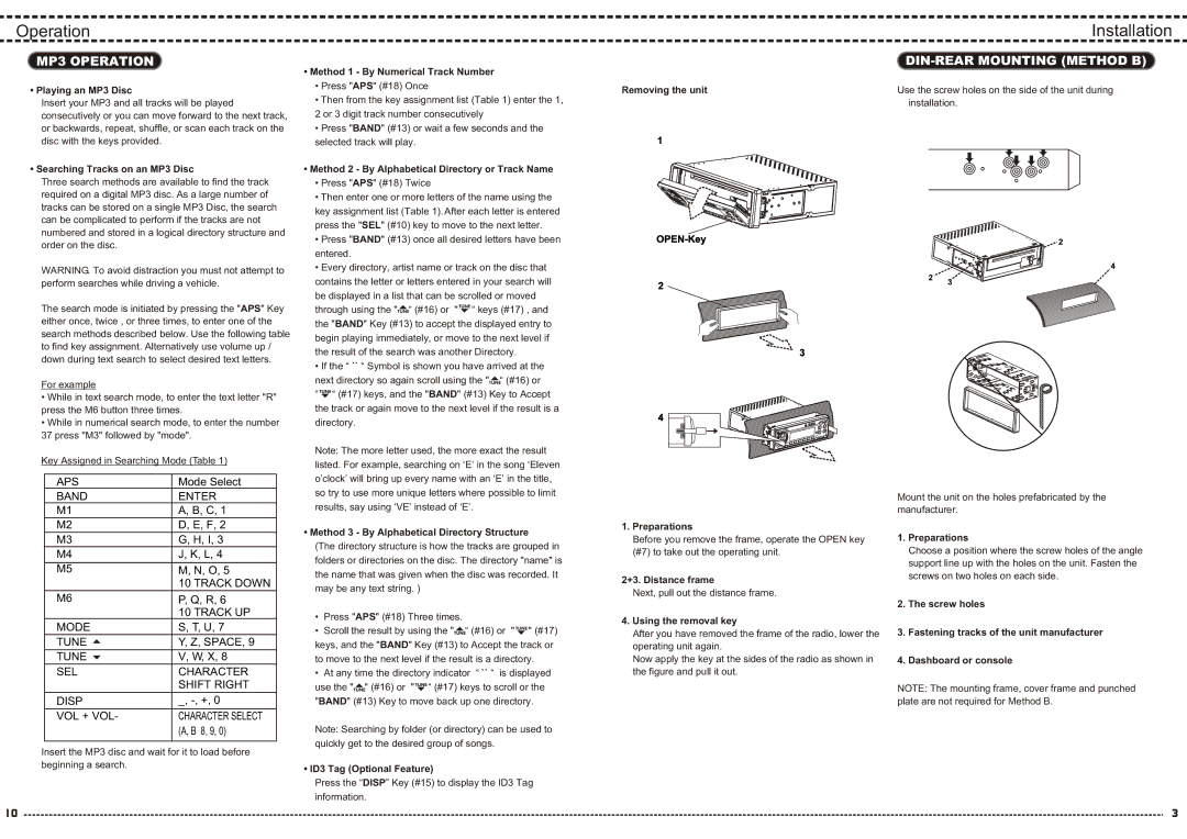 Yamakawa M2090 M2095 manual Installation, MP3 Operation, DIN-REAR Mounting Method B 