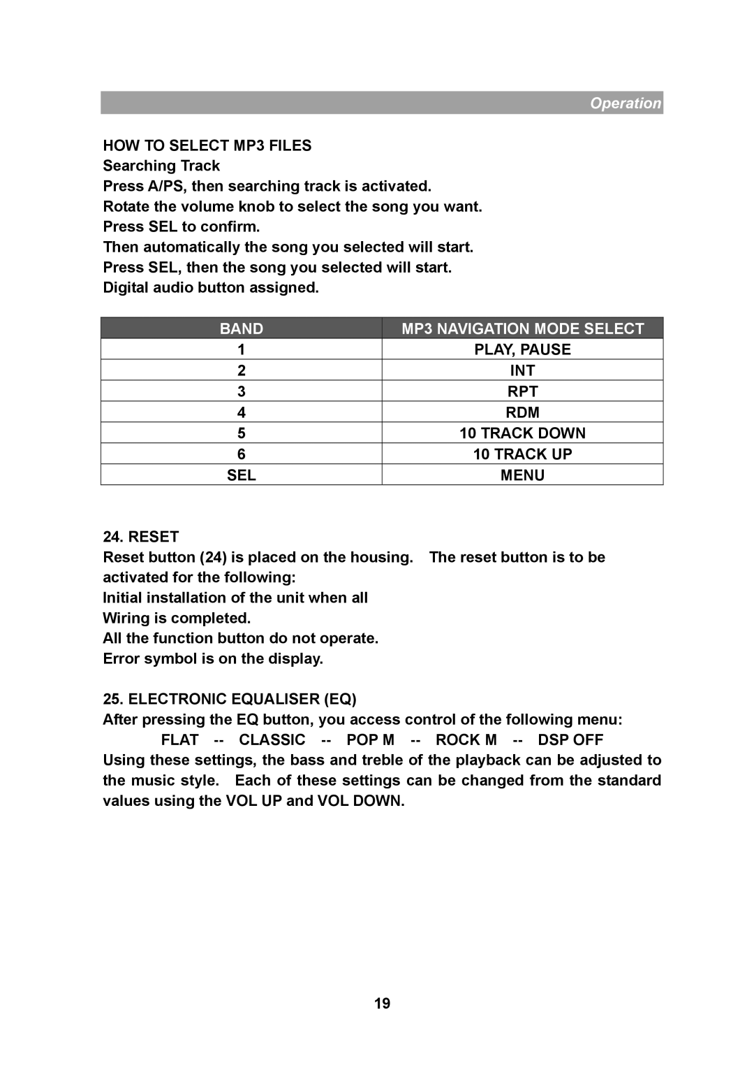 Yamakawa M2150 manual HOW to Select MP3 Files, Int, Track Down, Reset, Electronic Equaliser EQ 