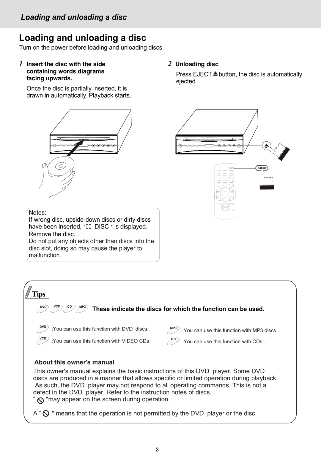 Yamakawa MP-28 manual Loading and unloading a disc 