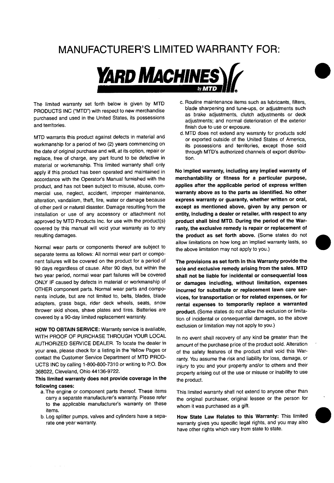 Yard Machines 060 Series manual 