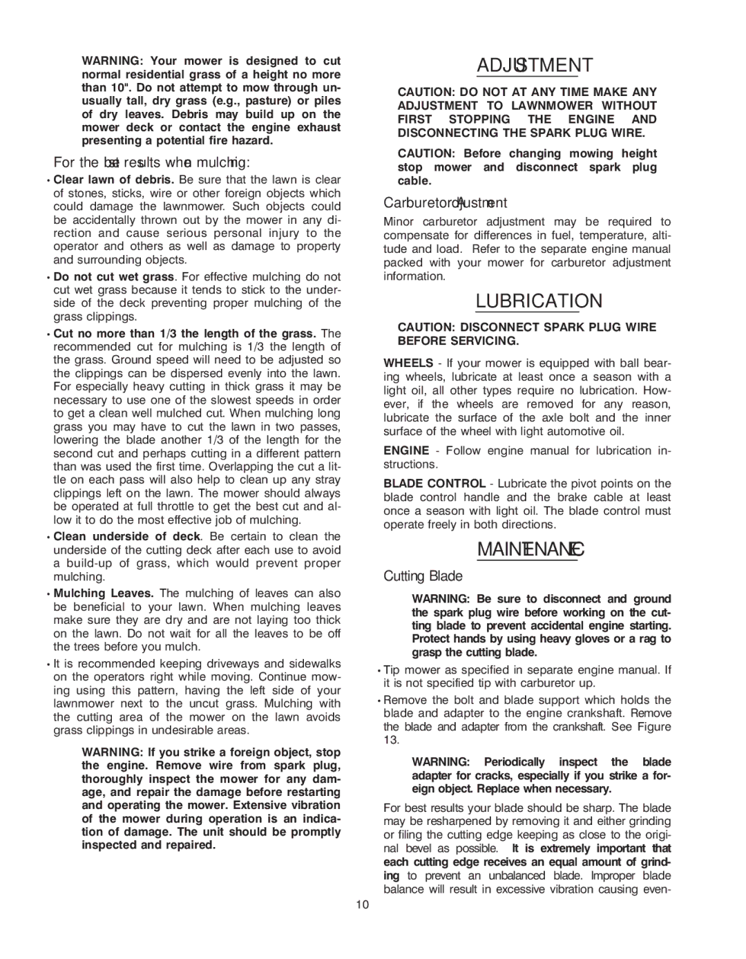 Yard Machines 070 Series manual Adjustment, Lubrication, Maintenance 