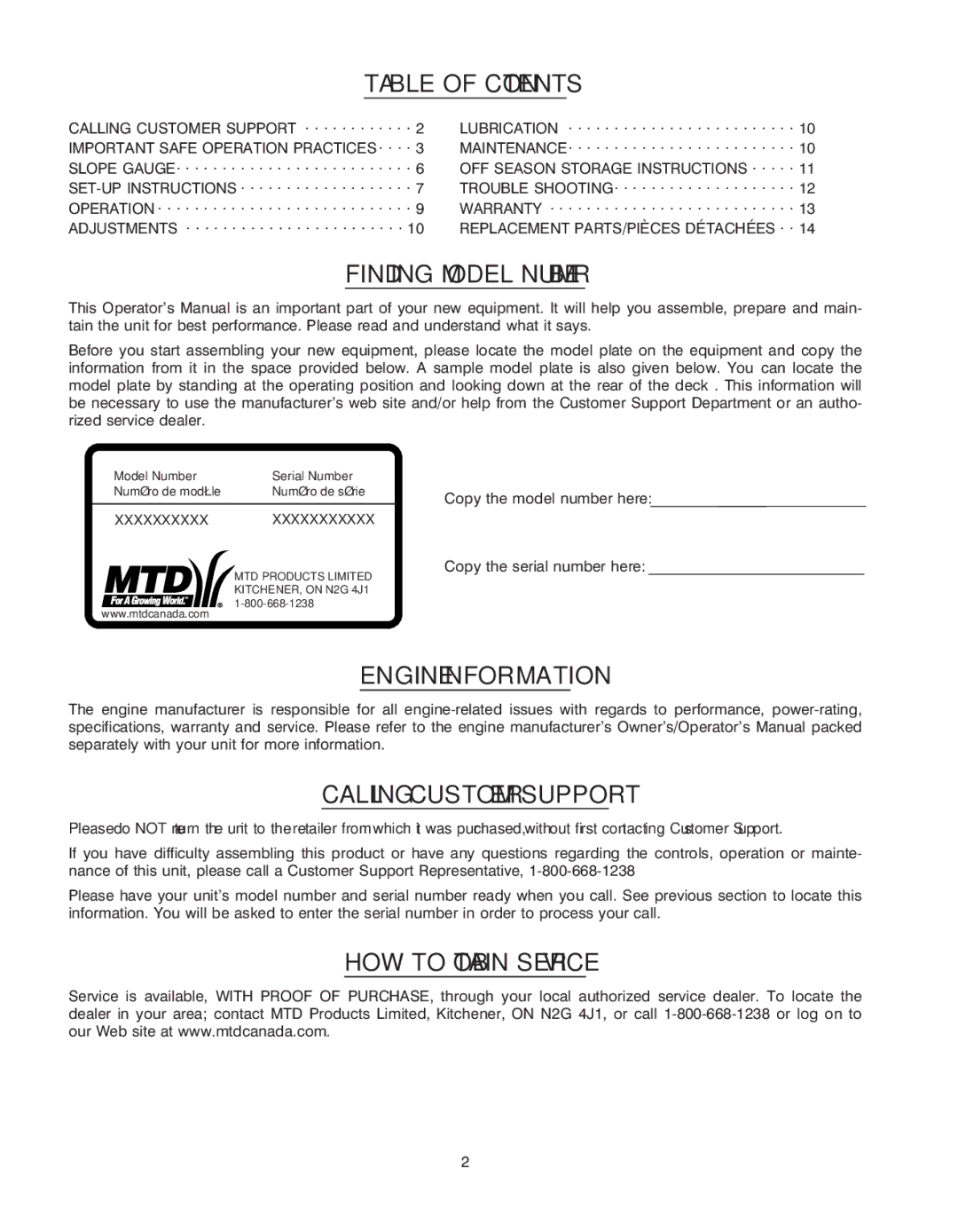 Yard Machines 070 Series manual Table of Contents, Finding Model Number, Engine Information, Calling Customer Support 