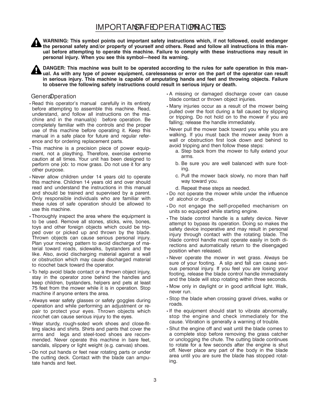 Yard Machines 070 Series manual Important Safe Operation Practices, General Operation 