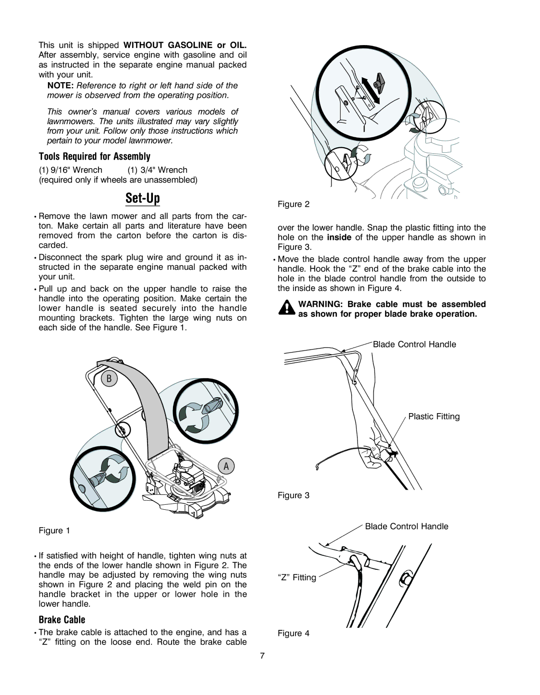 Yard Machines 070 Series manual Tools Required for Assembly, Brake Cable, As shown for proper blade brake operation 