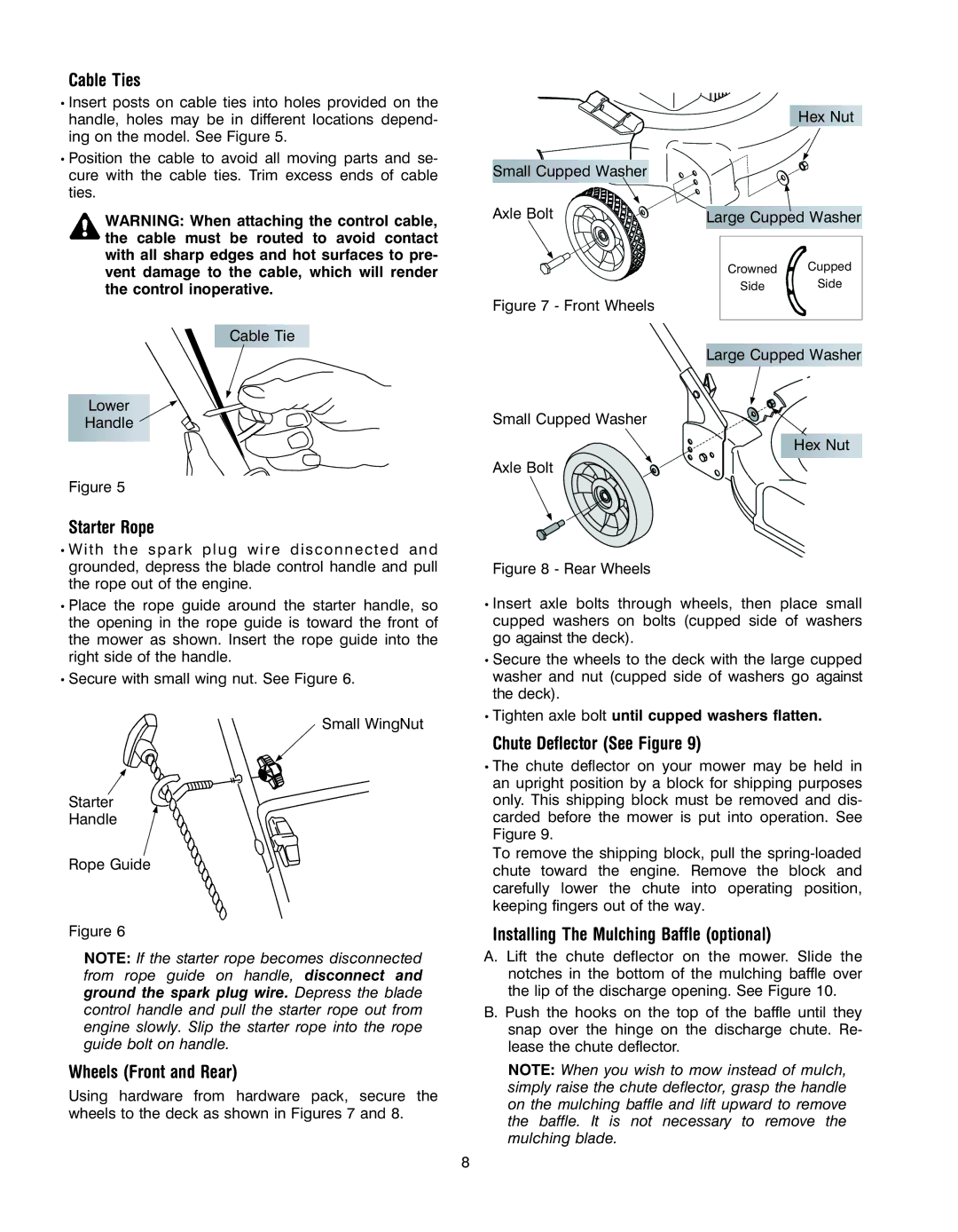 Yard Machines 070 Series manual Cable Ties, Starter Rope, Wheels Front and Rear, Chute Deflector See Figure 