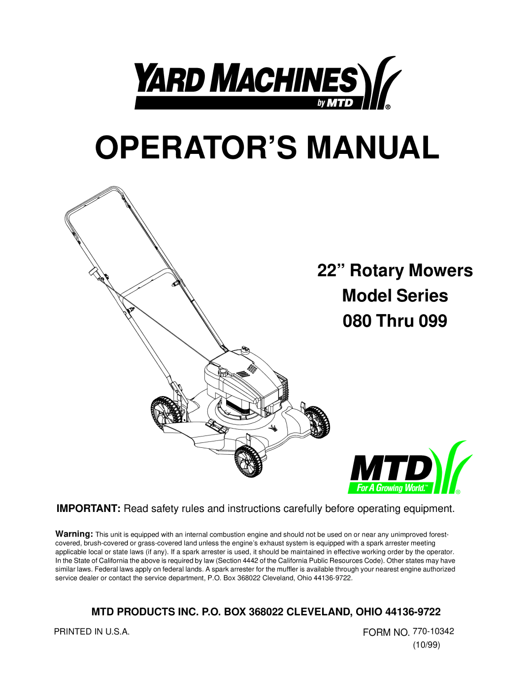 Yard Machines 096, 086, 081, 098, 089 manual OPERATOR’S Manual 