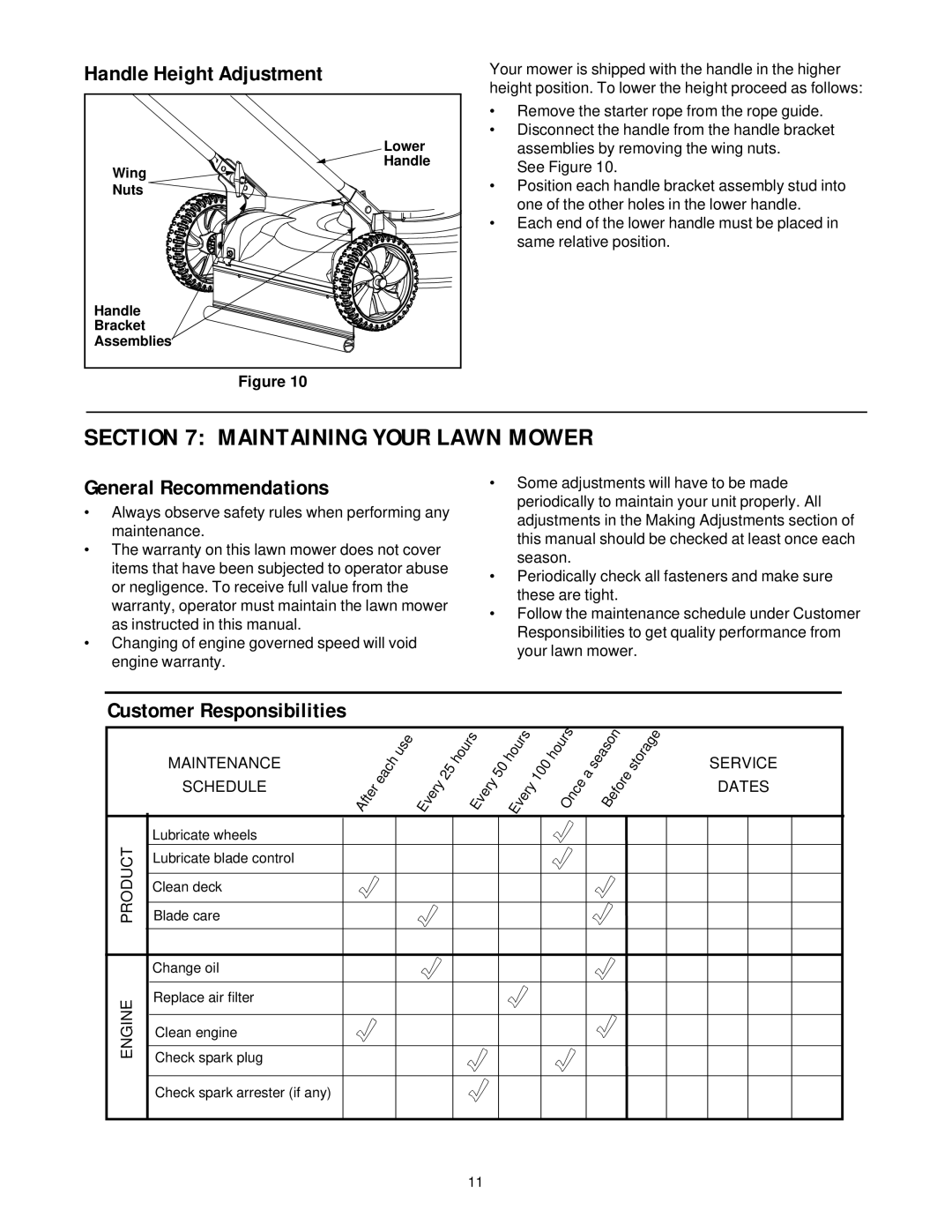 Yard Machines 096, 086, 081, 098, 089 manual Maintaining Your Lawn Mower, Handle Height Adjustment, General Recommendations 