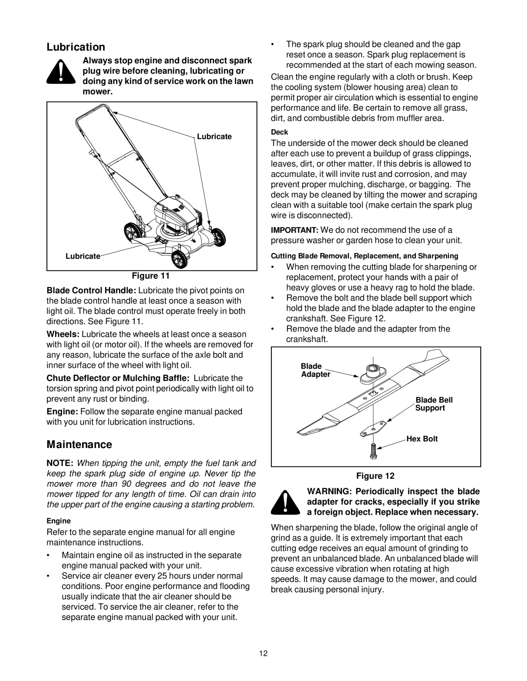 Yard Machines 081, 086, 096, 098, 089 manual Lubrication, Maintenance 